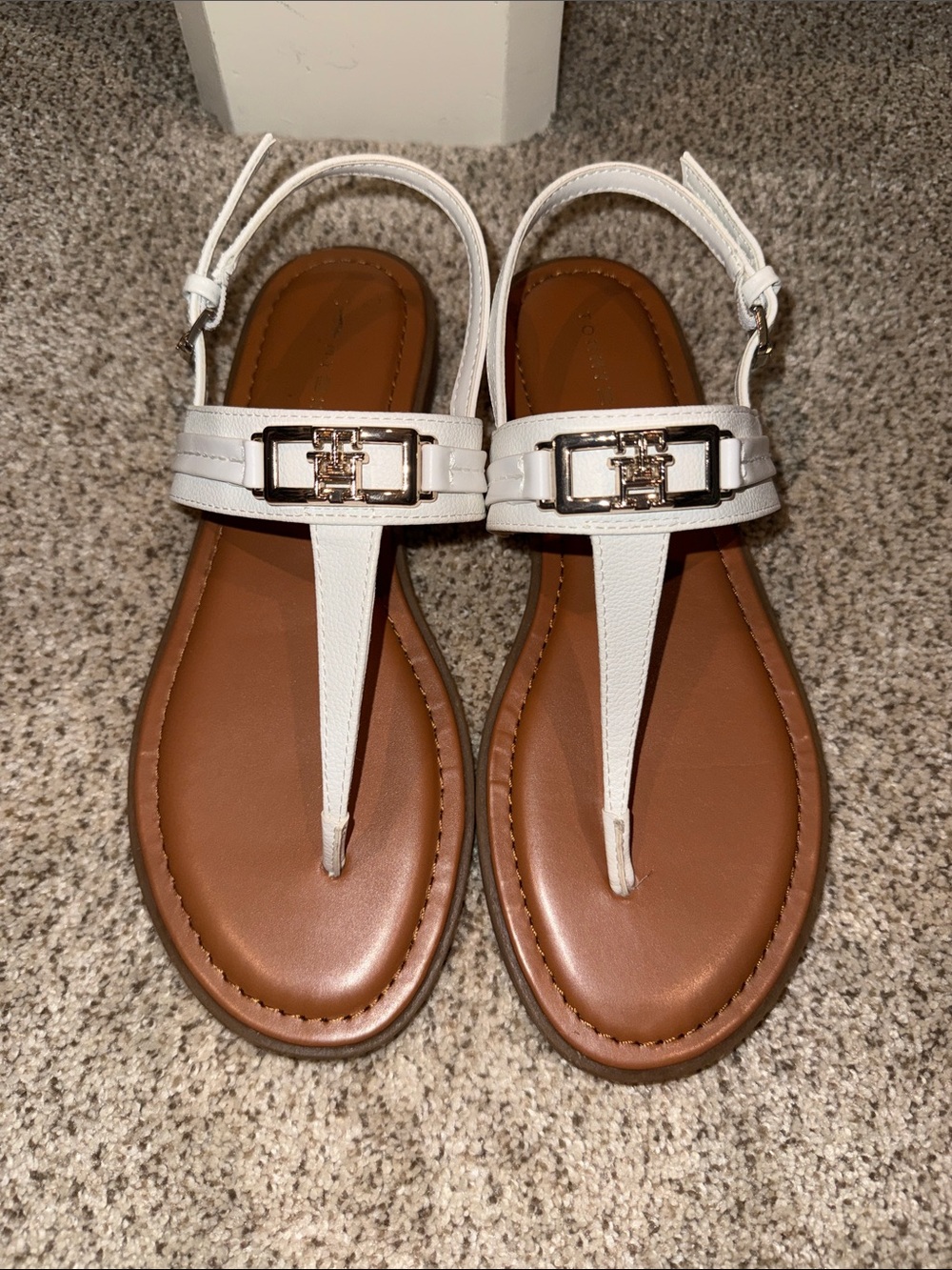 Tommy Hilfiger White Leather T-Strap Sandals with Gold Buckle